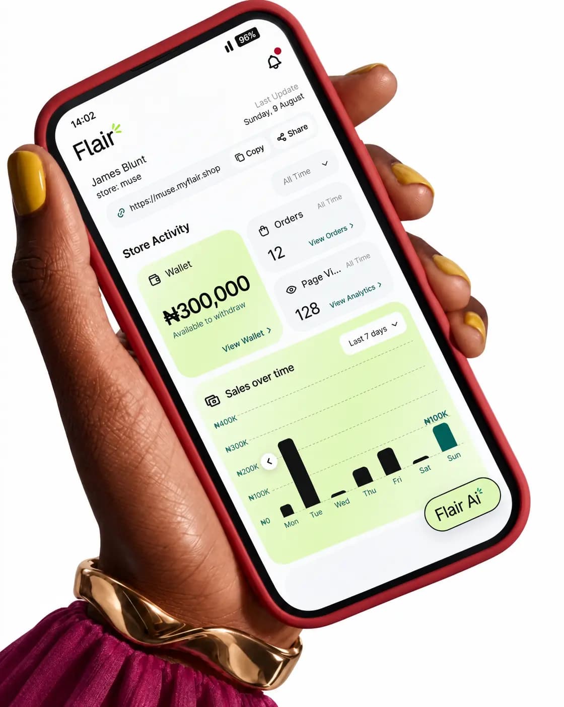 The Flair app open on a phone, showing a store's wallet balance, its order and page-view counts, and a chart of sales over the last seven days.