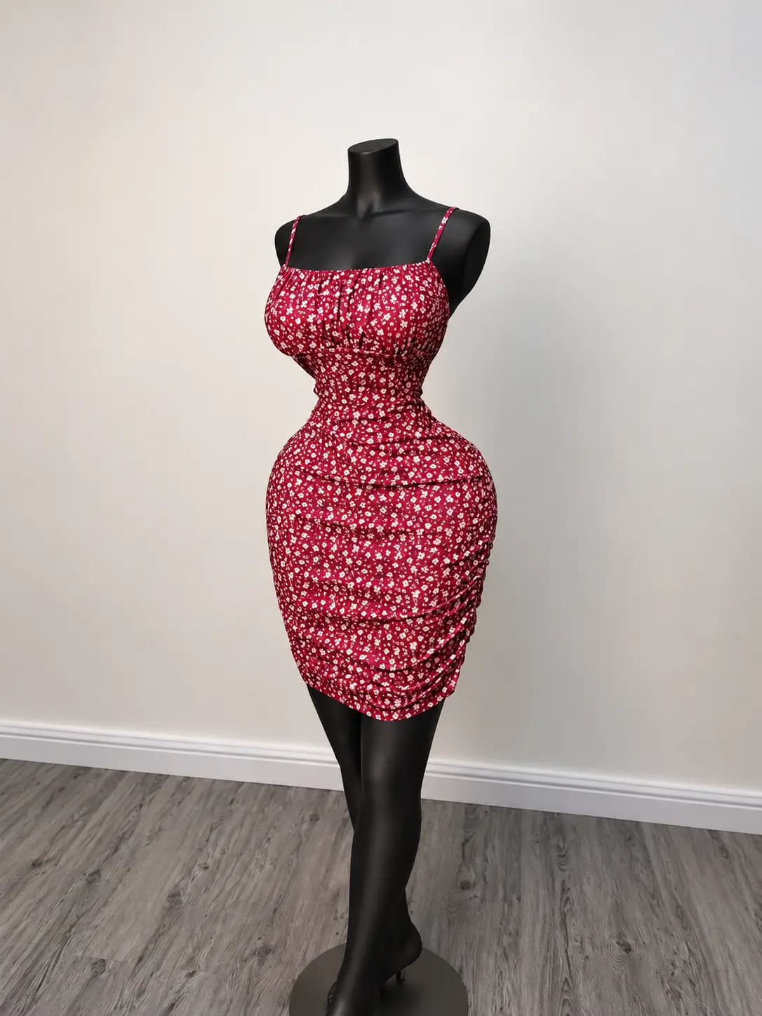 A patterned red dress photographed on a mannequin against a plain wall.